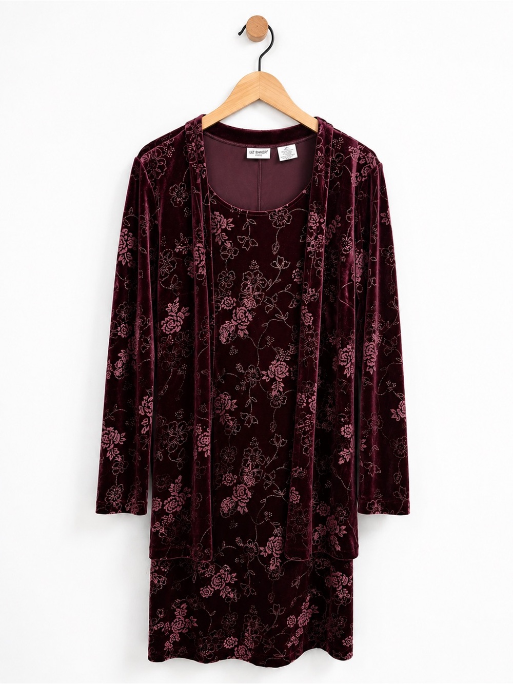 Liz Baker 12P Burgundy Velvet Floral Dress Jacket 2 Piece Set 90s Y2K